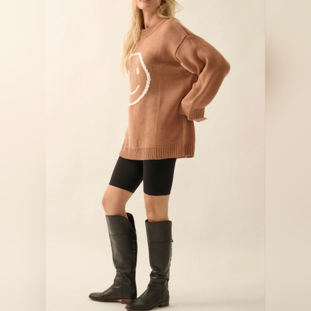 #6284 🩷 🛑M Chic Trendy Smiley Face Contrast Oversize Sweater - Picture 12 of 13